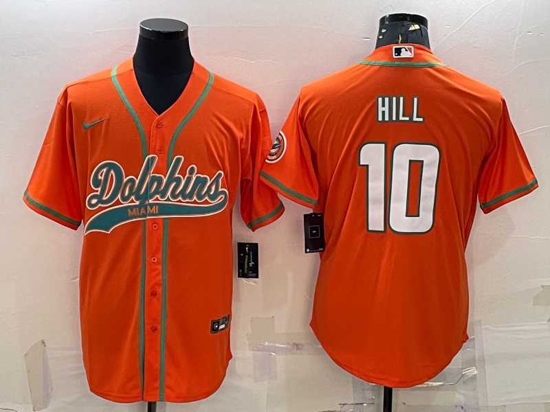 Men%27s Miami Dolphins #10 Tyreek Hill Orange With Patch Cool Base Stitched Baseball Jersey